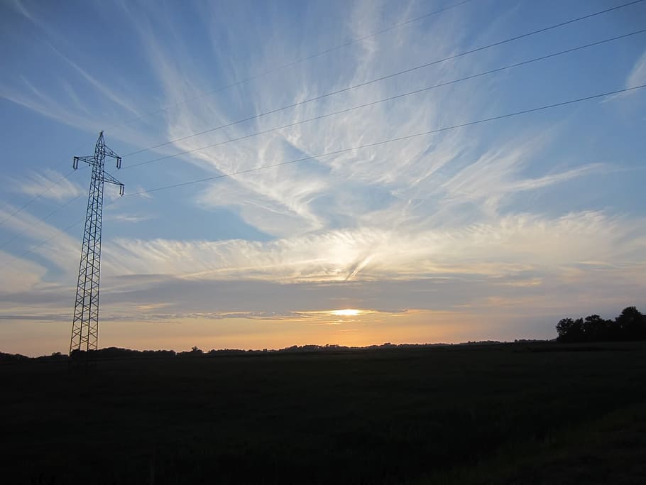 power poles, sunset, cloud mood, sky, technology, connection HD wallpaper