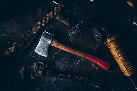 axe beside pipe wrench and angle grinder, red and brown handled axe HD wallpaper