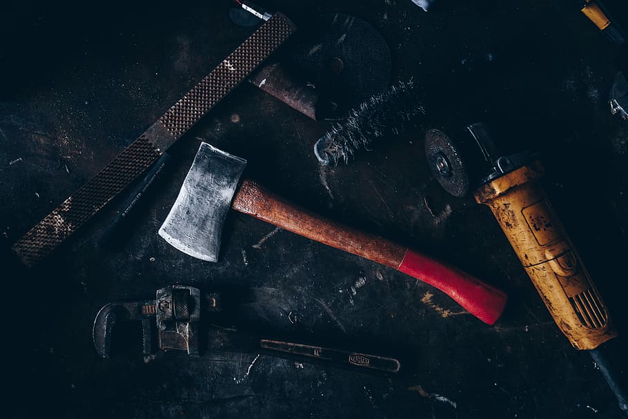 axe beside pipe wrench and angle grinder, red and brown handled axe HD wallpaper