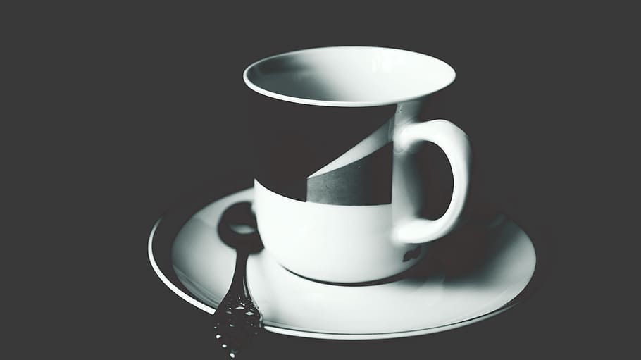 White and Black Ceramic Tea Mug on White Ceramic Round Plate and Stainless Steel Spoon on Top HD wallpaper