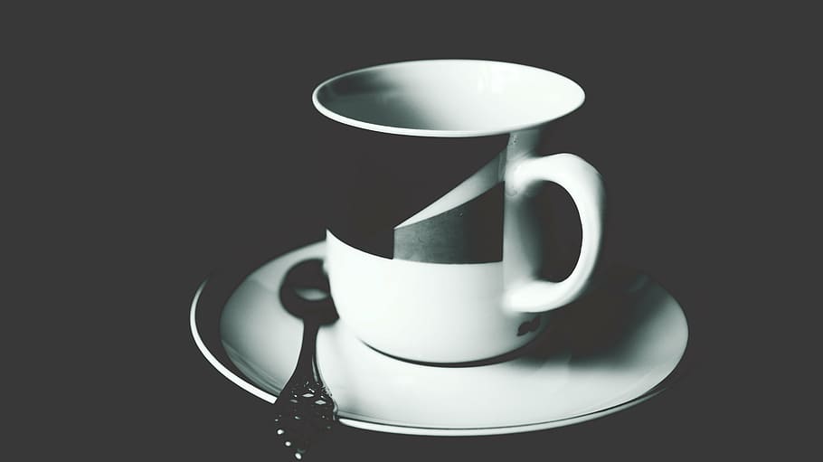 empty black and white ceramic teacup on white plate, mug, coffee HD wallpaper
