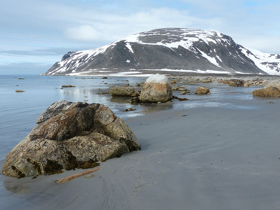spitsbergen, ice cold, bank, stones, mountains, beach, rock, HD wallpaper