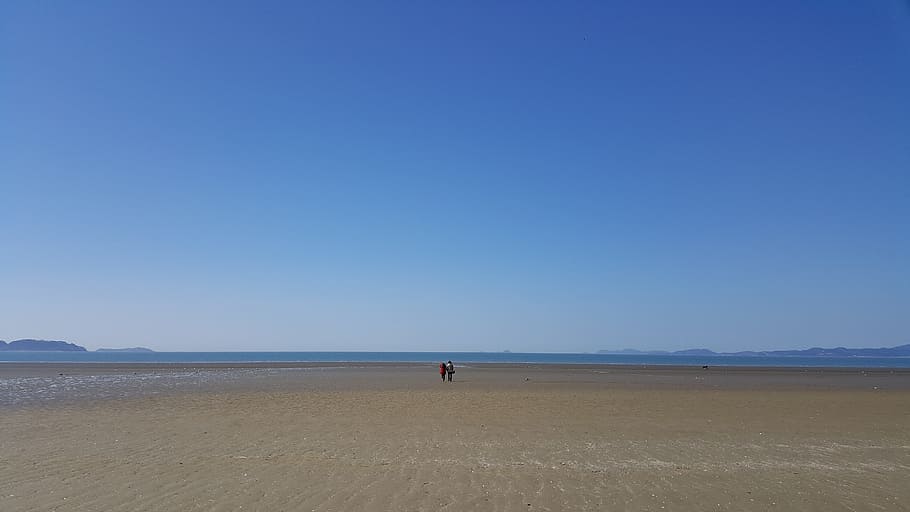 sea, bathing beach, sandy, land, water, sky, blue, scenics - nature HD wallpaper