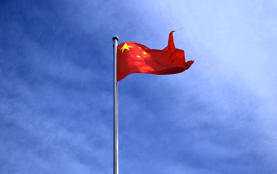 China flag raised up, fly, beijing, color, blue sky, red, red flag HD wallpaper