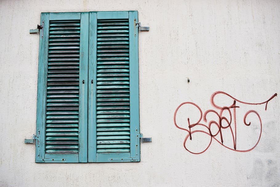 blue wooden louver door, wall, window, architecture, built structure HD wallpaper