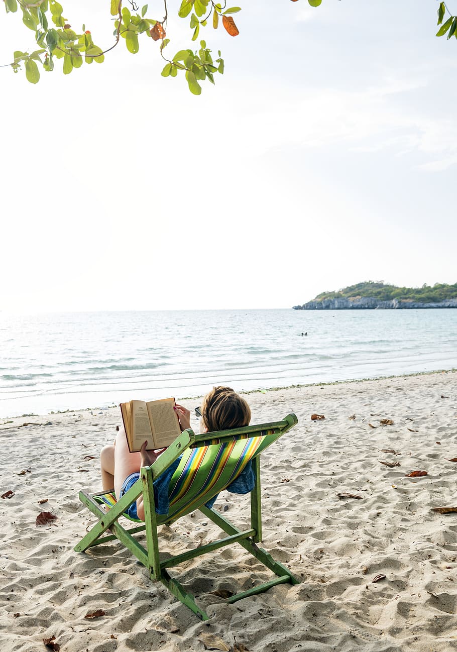 sea, nature, sky, person, beach, idyllic, ocean, peaceful, reading HD wallpaper