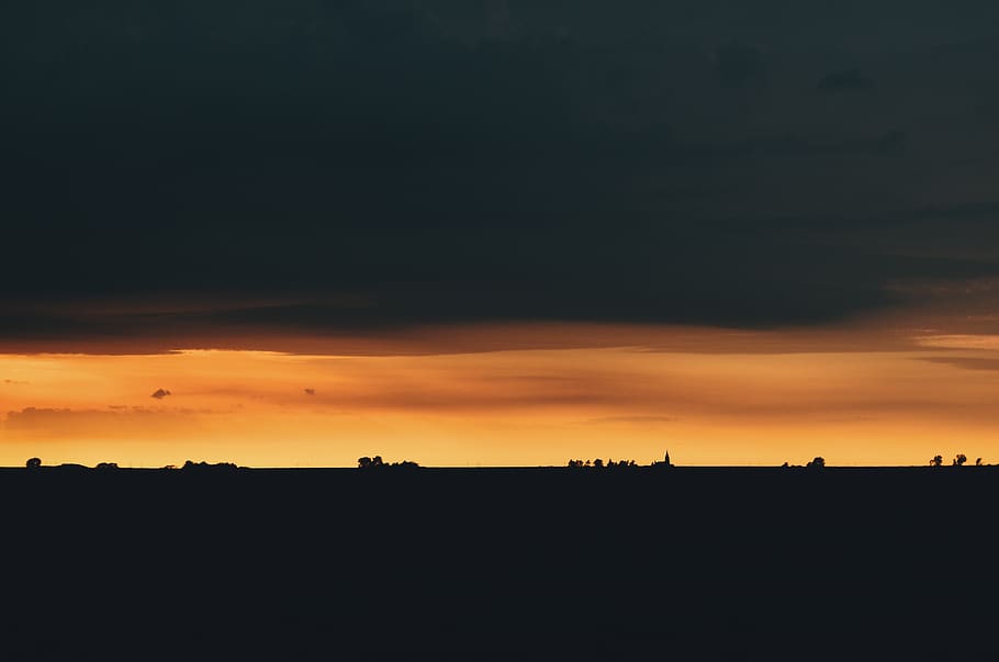 sky, dark, orange, black, trees, mountain, adventure, travel HD wallpaper