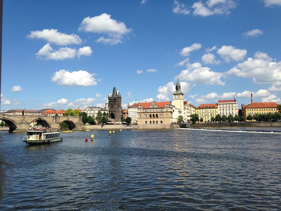 prague, vltava, steamer, river, charles bridge, water, built structure HD wallpaper