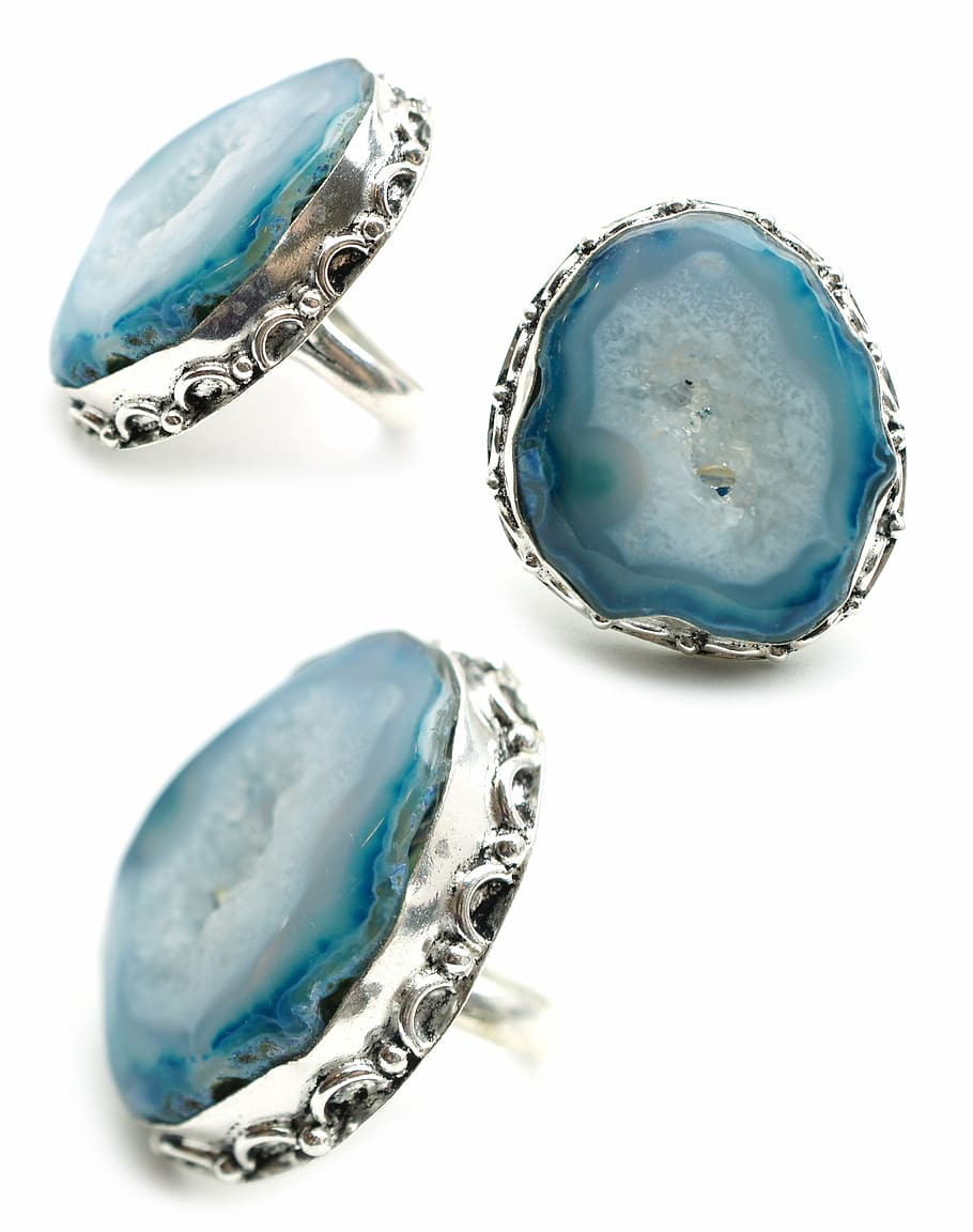 three silver-colored blue rings, drusy, stone, display, sterling, HD wallpaper