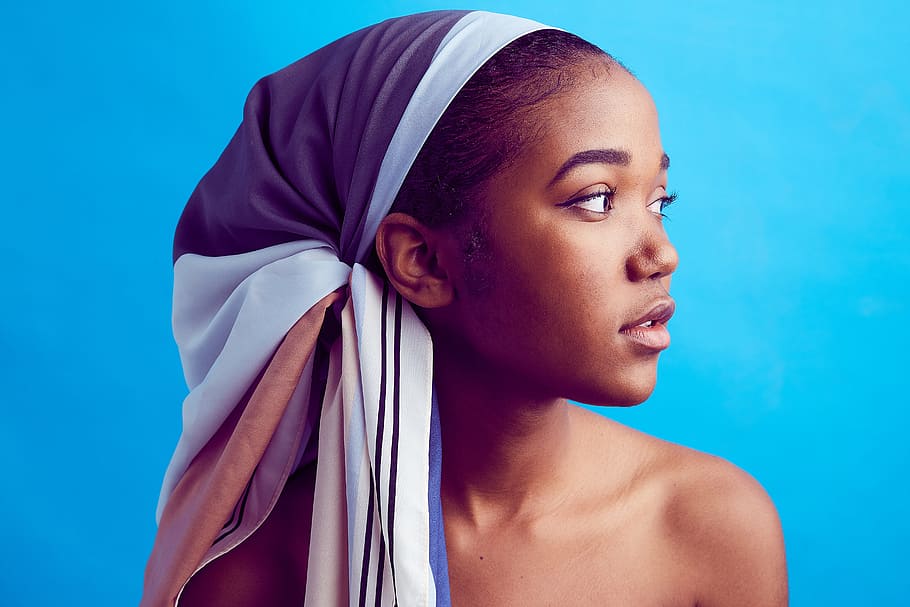 DNA, woman wearing blue and white headscarf, women, adult, one Person HD wallpaper