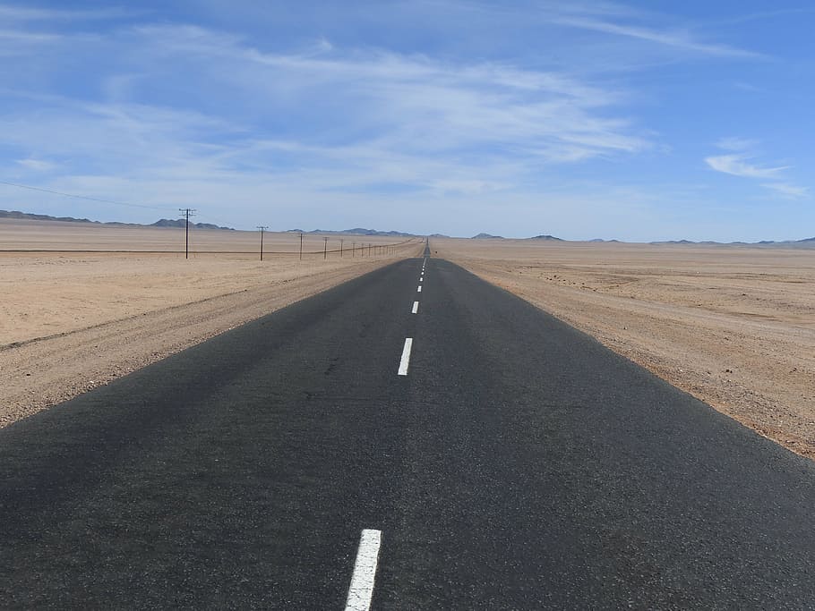 desert, namibia, road, landscape, the way forward, direction HD wallpaper