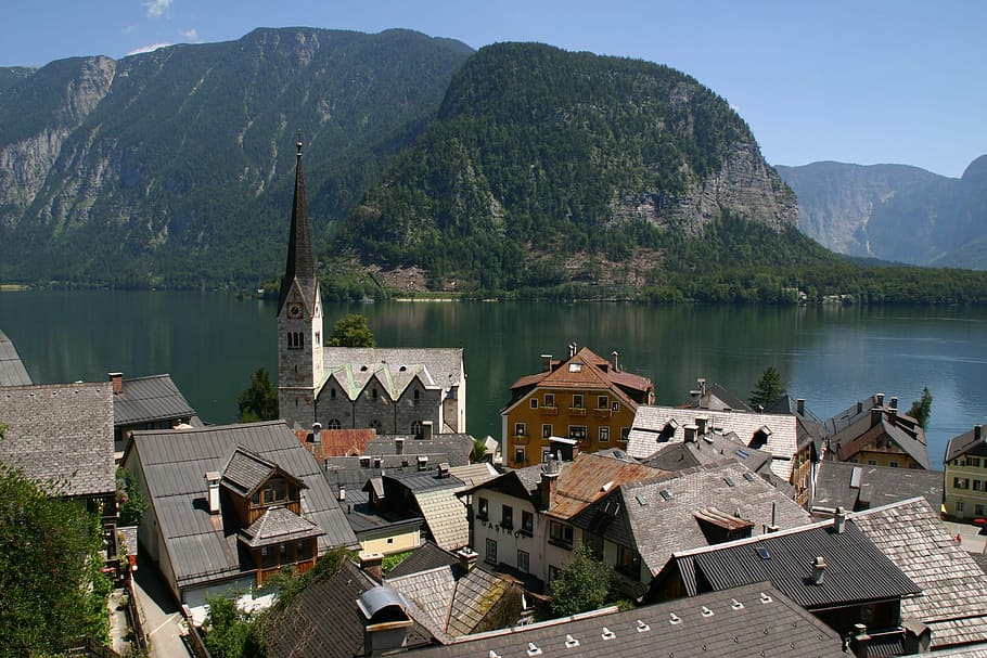 HD wallpaper: hallstatt, austria, lake, mountains, water, village ...