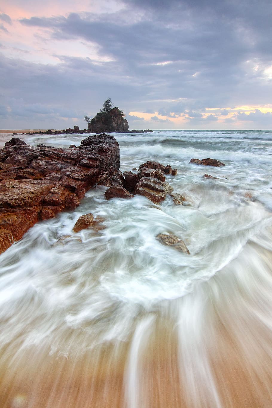 sea, landscape, sky, beach, clouds, ocean, outdoors, rocks, seascape HD wallpaper