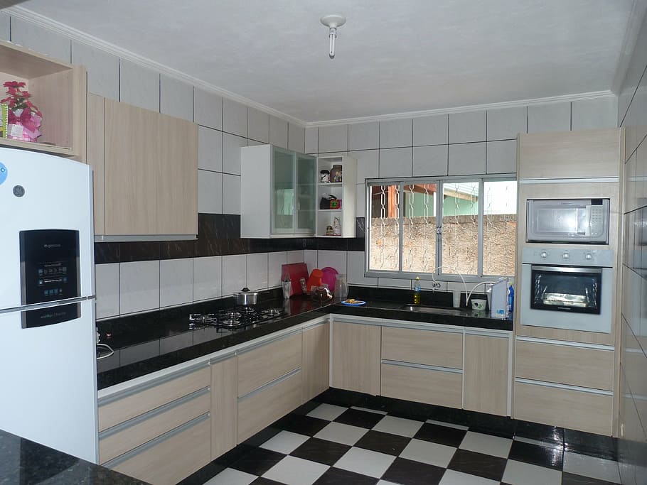 brown and white kitchen island, fitted kitchen, planned environment HD wallpaper