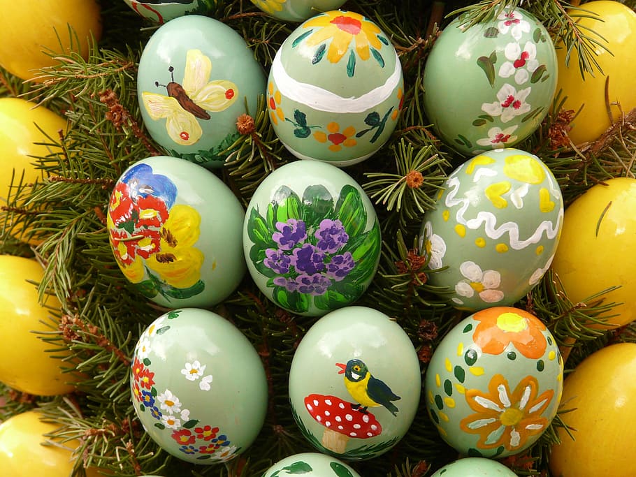 Easter eggs on grass, paint, easter egg painting, art, color HD wallpaper