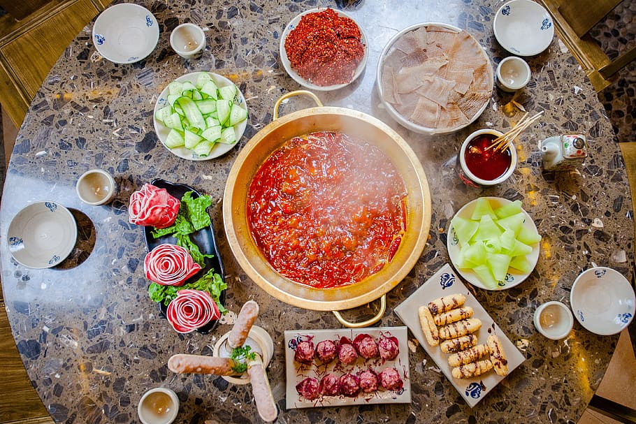 sauce in bowl, Chafing Dish, Dining Table, Stores, high angle view HD wallpaper