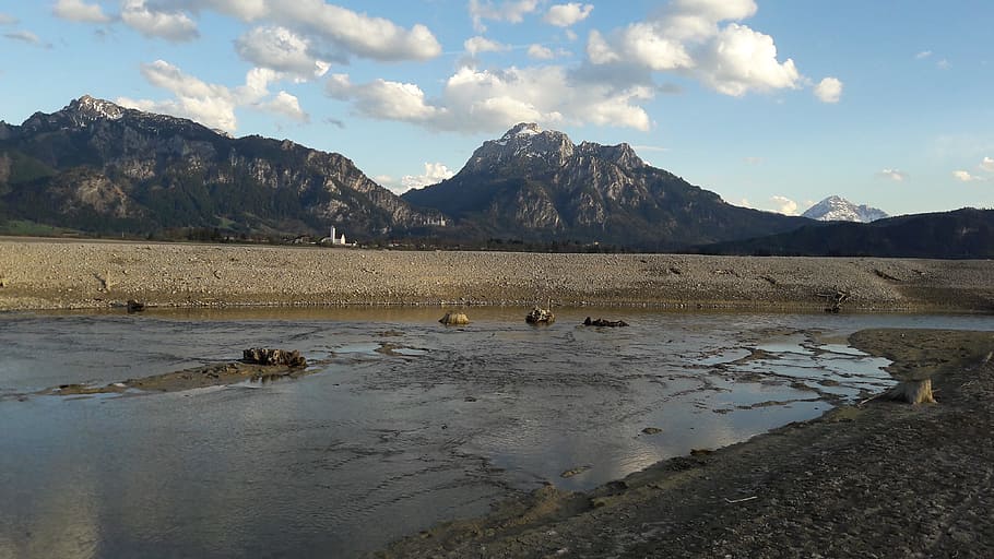 lake forggensee, riverbed, stream bed, dehydrated, panorama HD wallpaper