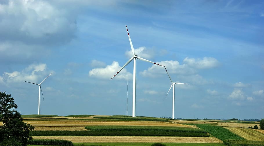 blue sky, clouds, windmill, windmill farm, generator, turbine HD wallpaper