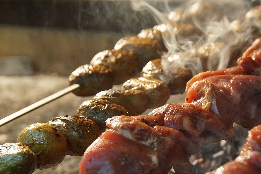 food, bbq, cooking, epicurean, skewer, meat, hot, delicious HD wallpaper