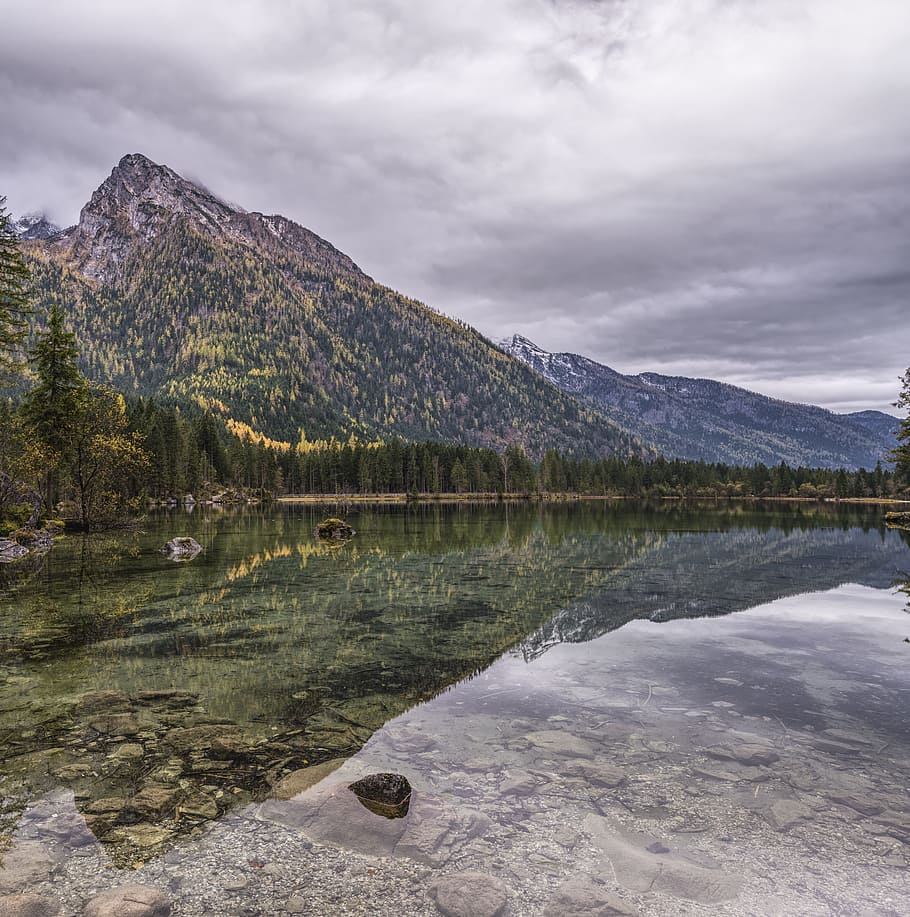 photography of mountain away from body of water, hintersee, mirroring