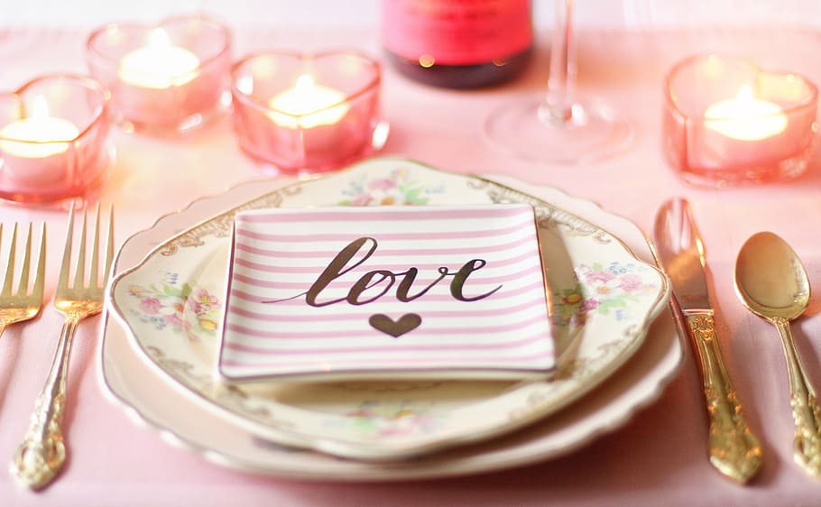 photo of white and gold dinnerware set, love, valentine, valentines day, HD wallpaper