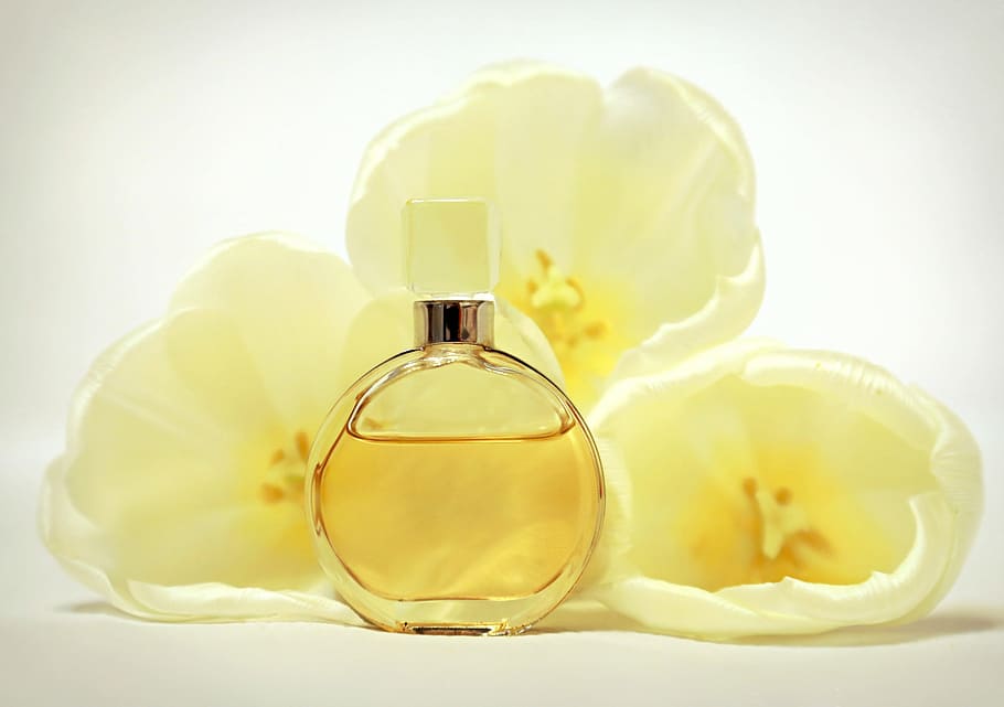 perfume spray bottle beside white flowers, round, glass, perfume bottle HD wallpaper
