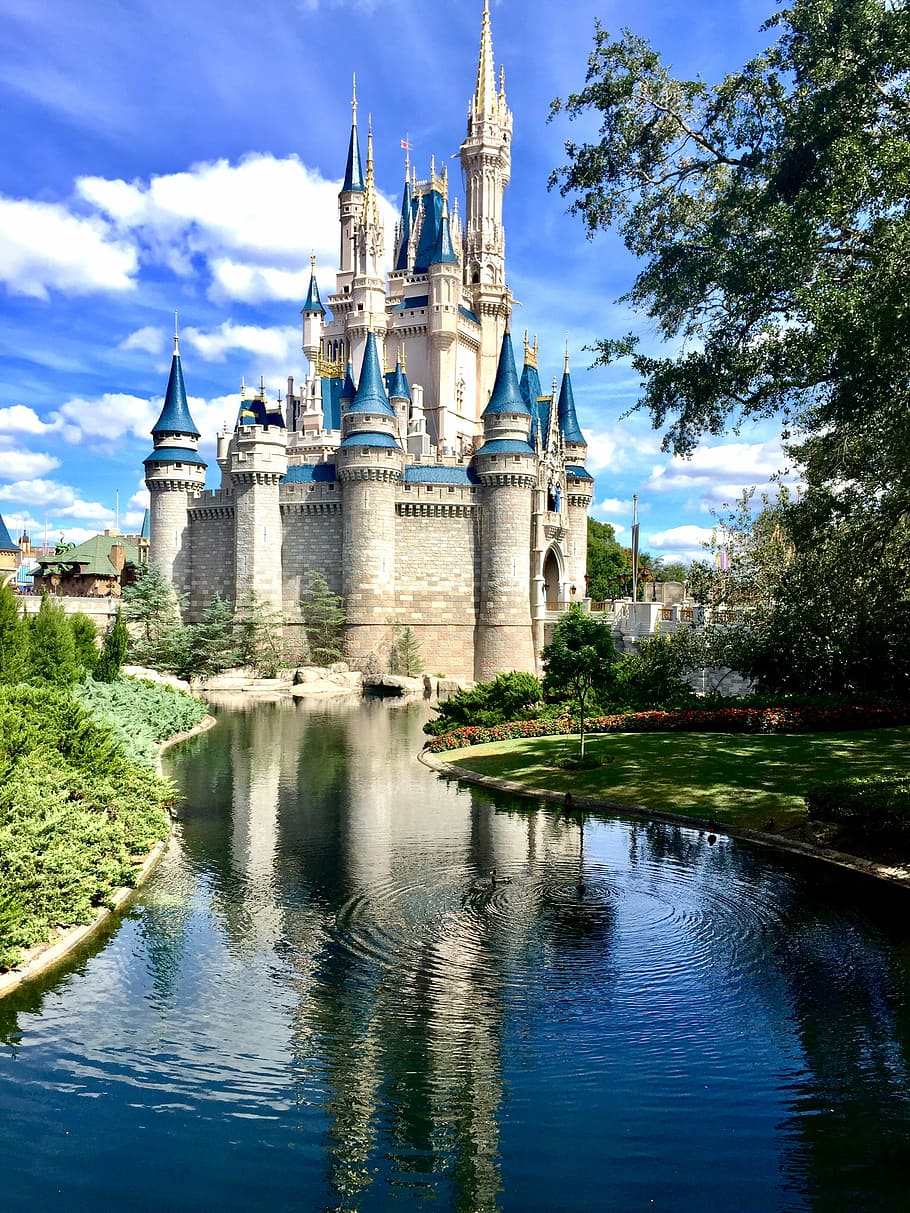 Hd Wallpaper Disney Castle Gray And Blue Castle Near Body Of Water Under Clear Blue Sky During Daytime Wallpaper Flare