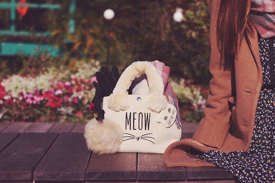 white hand bag with Meow print on brown wooden bench during daytime HD wallpaper