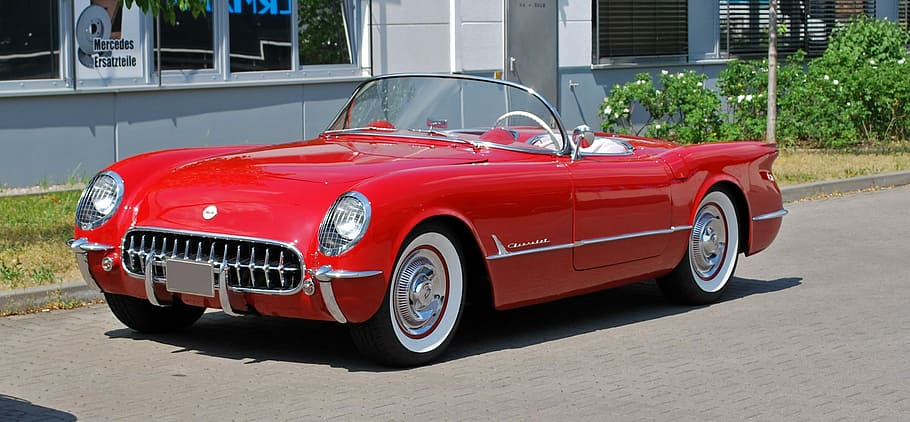 classic red convertible coupe parked near house, auto, chevrolet, HD wallpaper