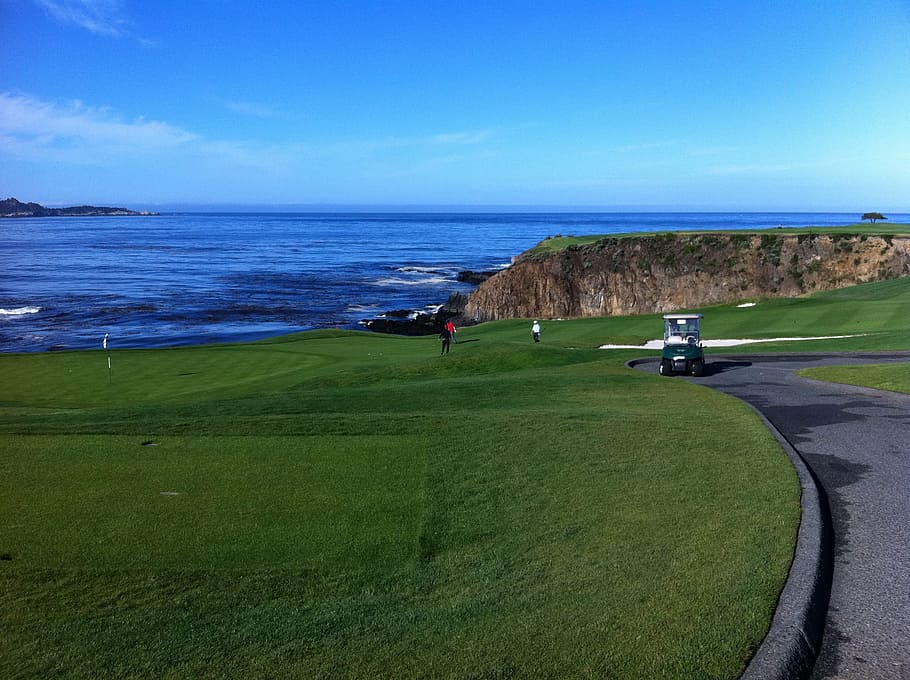 pebble beach, golf, ocean, landscape, view, nature, grass, sea HD wallpaper