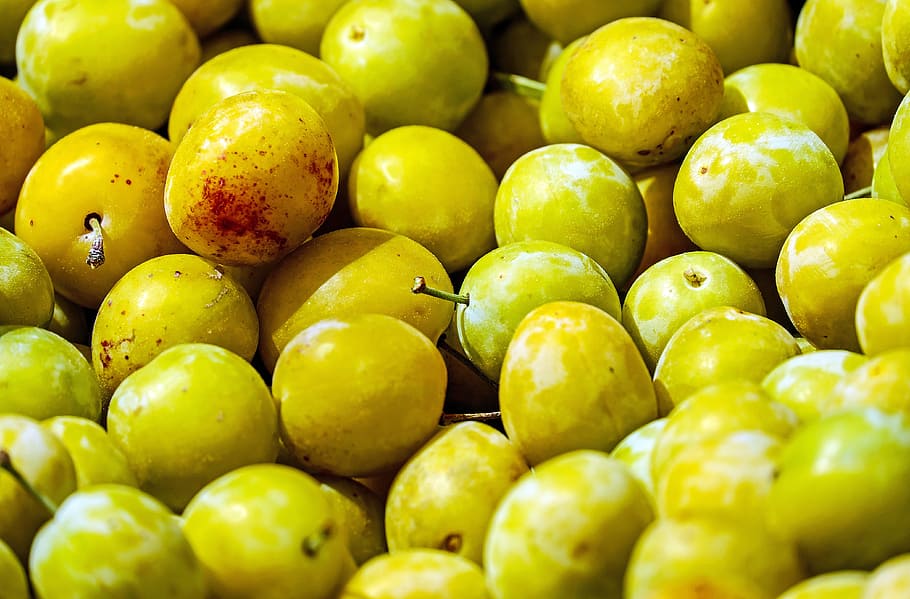 round yellow fruit lot, yellow plums, stone fruit, ripe, summer, HD wallpaper