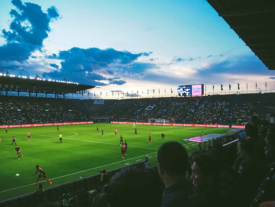 people watching soccer game under white clouds and blue sky at daytime, HD wallpaper