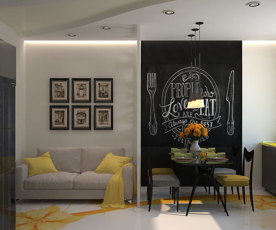 white sofa under several framed wall decors, kitchen, search interior solutions HD wallpaper