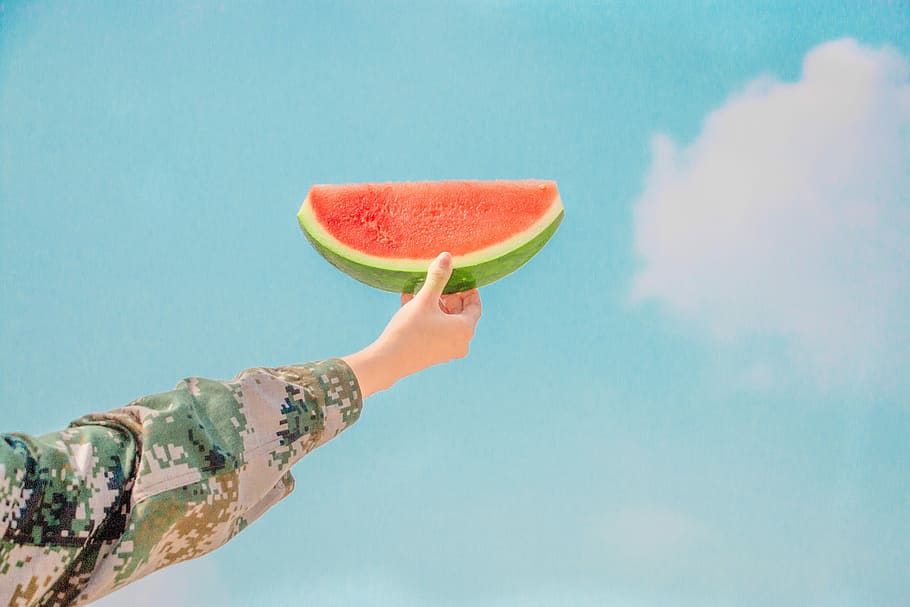 Summer melon, blue, fresh, fruit, green, red, water melon, watermelon, HD wallpaper