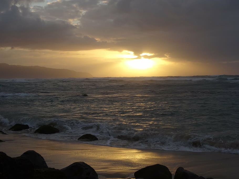 sunset, romance, sea, ocean, wave, sunlight, abendstimmung HD wallpaper