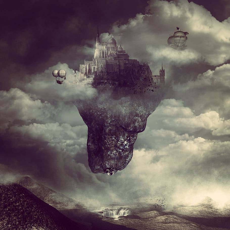 gray floating island painting, landscape, fantasy, city, antique, HD wallpaper