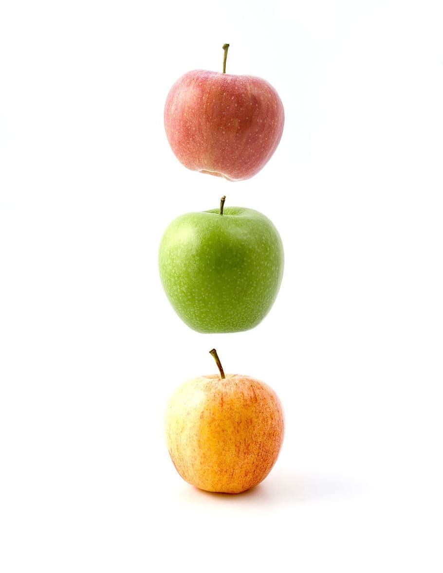 three assorted variety of apples, red, green, orange, fruits HD wallpaper