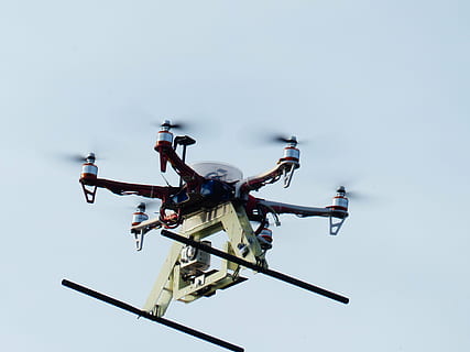 red and white six-axis drone flying, hexacopter, helicopter HD wallpaper