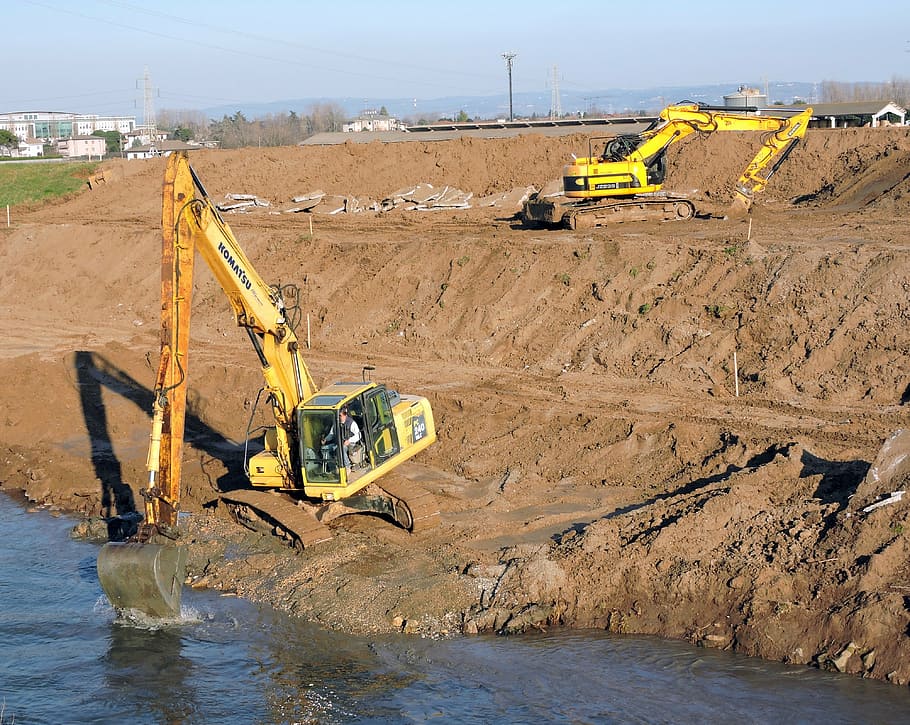 levee, excavator, work, river, san bonifacio, italy, earth HD wallpaper