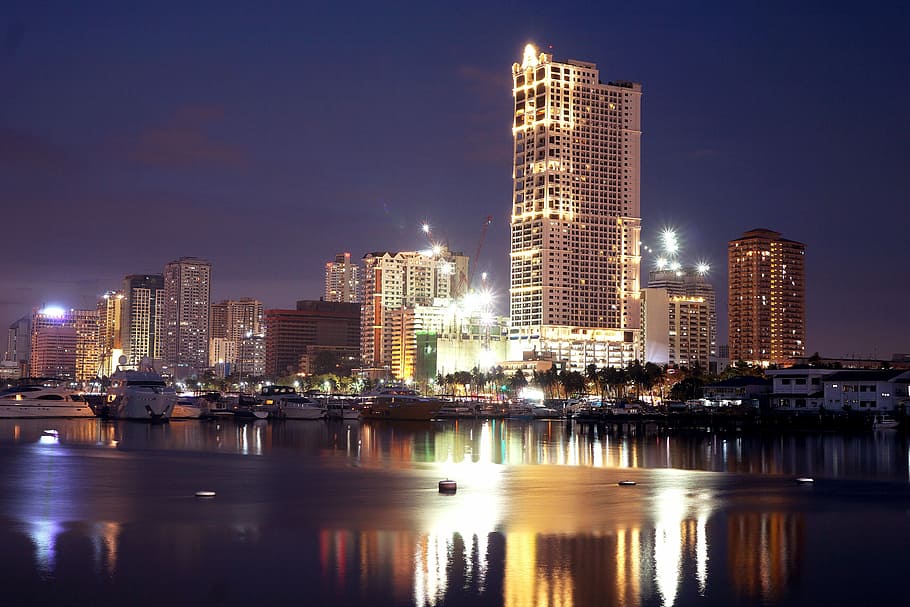panoramic photo of building, Manila Bay, Big City, Night, skyscraper