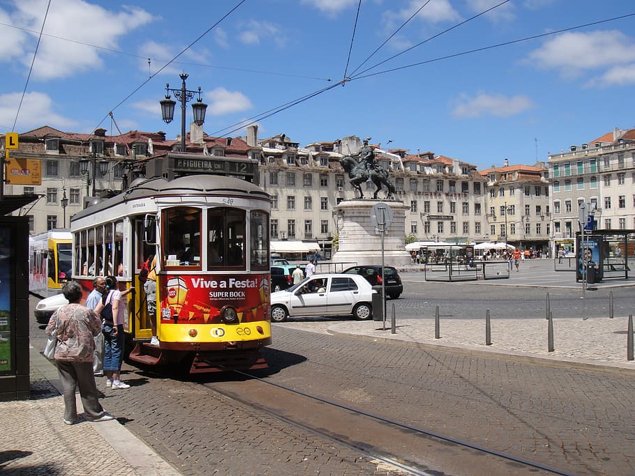 lisbon, tram, portugal, city, architecture, mode of transportation, HD wallpaper