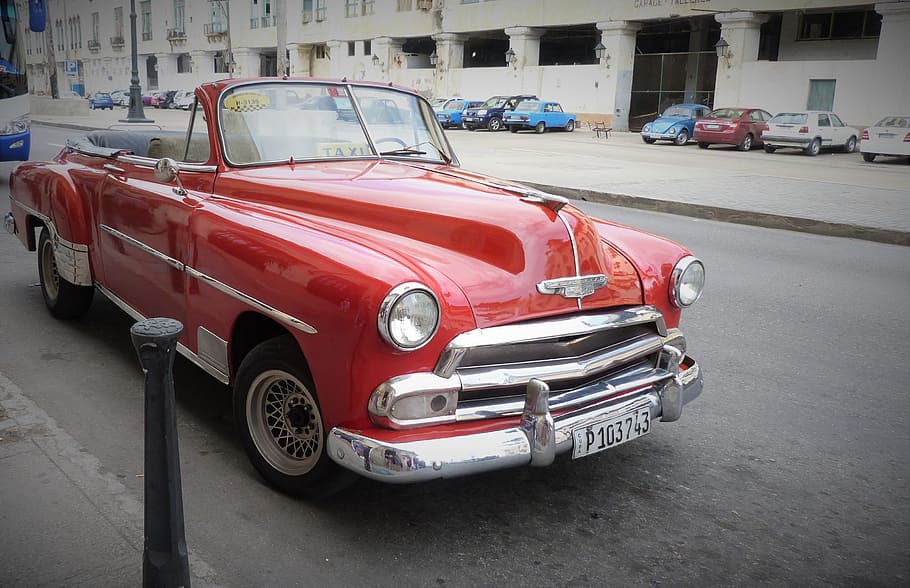 classic red convertible coupe parked on roadside during daytime HD wallpaper