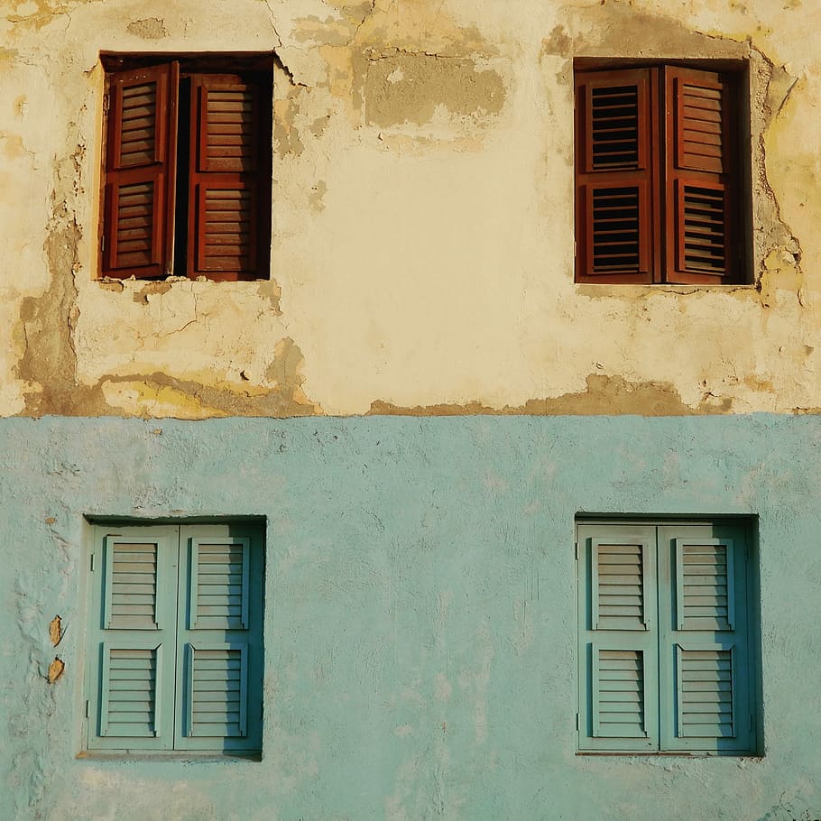 white and teal concrete structure with four windows, four closed wooden windows HD wallpaper