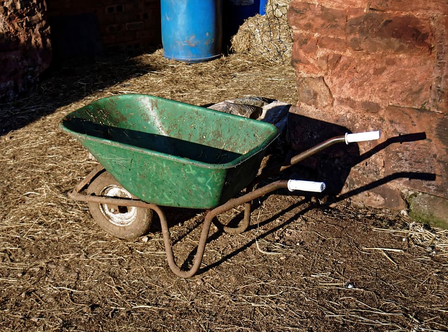 Wheelbarrow, Farm, Stableyard, green, farmer, outdoors, nature HD wallpaper