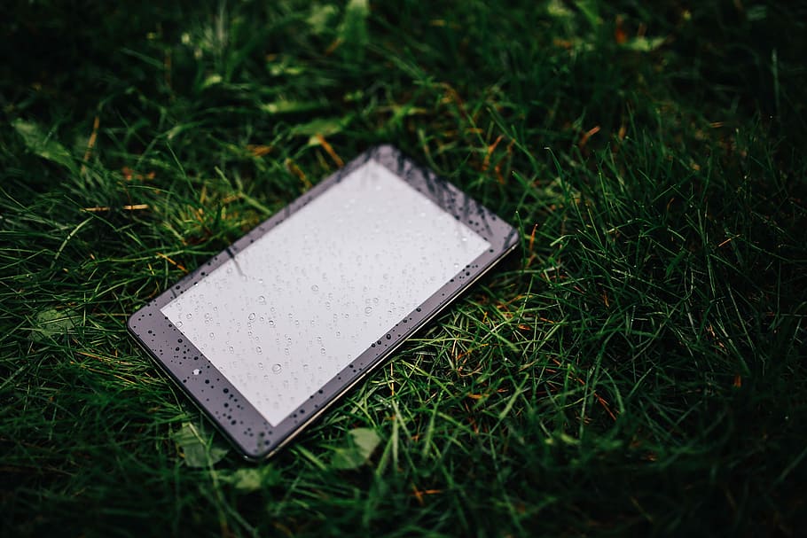Wet black tablet, rain, raindrop, dew, grass, outdoors, no people HD wallpaper