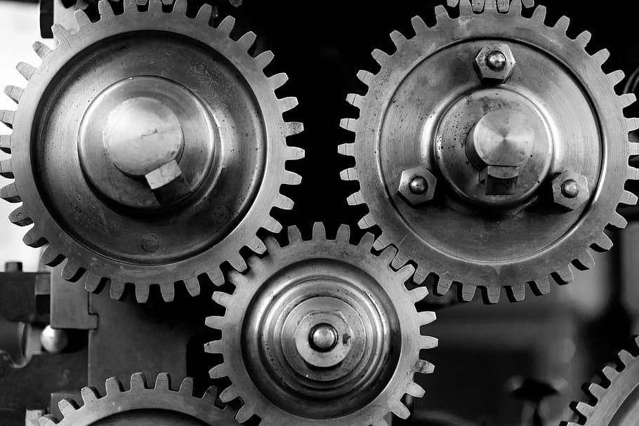 grayscale photo of gears, close-up, cogs, machine, machinery