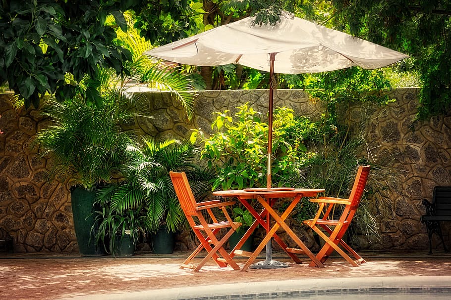 white patio umbrella, screen, table, chair, seating area, parasol HD wallpaper