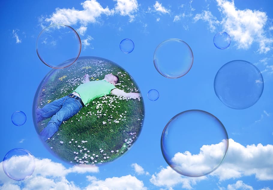 soap bubbles, man, clouded sky, person, meadow, float, ease HD wallpaper