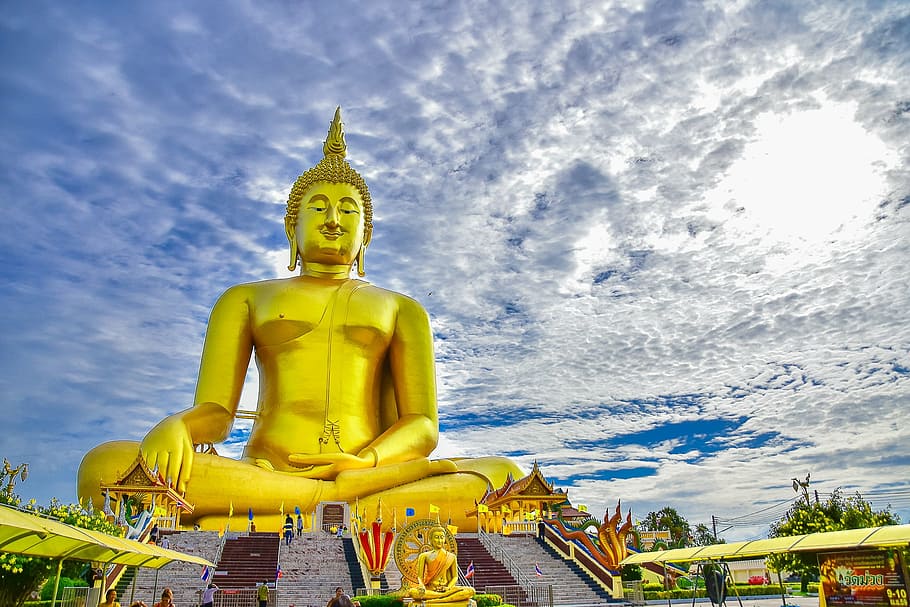 gold Gautama Buddha status, ang thong, wat muang, buddha statue, HD wallpaper