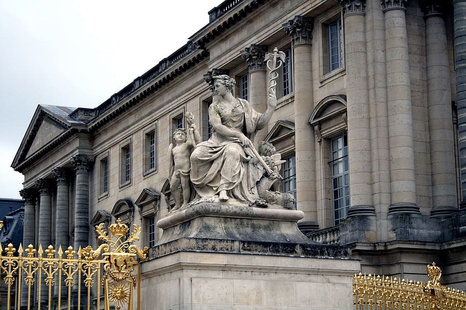 female statue beside building, palace, versailles, france, ornate, HD wallpaper